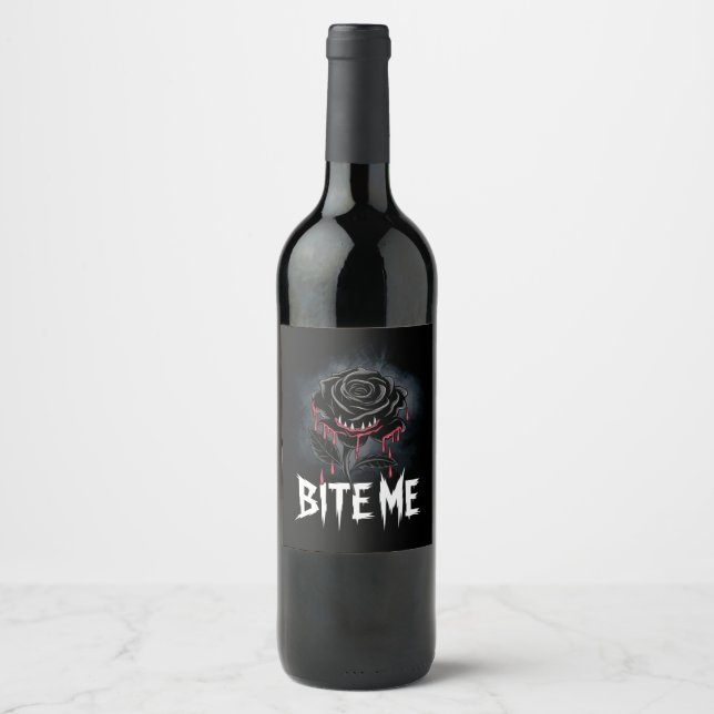 Edgy 'Bite Me' Gothic Rose Design  Wine Label (Front)
