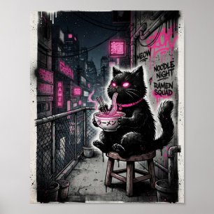 Edgy Black Cat Slurping Pink Ramen Poster - Urban