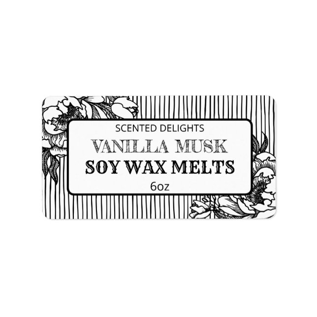 Edgy Black White Floral Lined Soy Wax Melt Labels (Front)