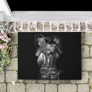 Edgy Black  White Tattooed Dragon Woman Doormat