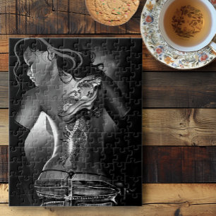 Edgy Black  White Tattooed Dragon Woman Jigsaw Puzzle