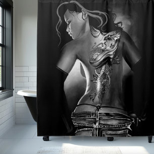 Edgy Black  White Tattooed Dragon Woman Shower Curtain