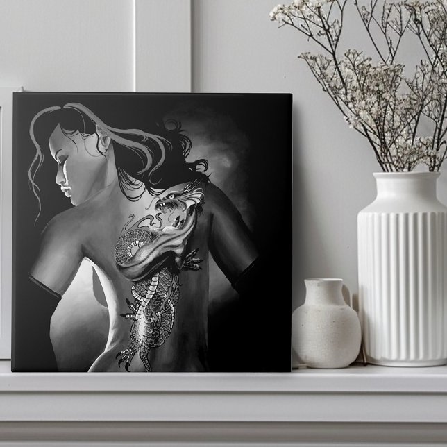 Edgy Black  White Tattooed Dragon Woman Tile (Creator Uploaded)