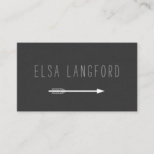 Edgy Bohemian Arrow with Handwritten Text on Black Business Card (Front)