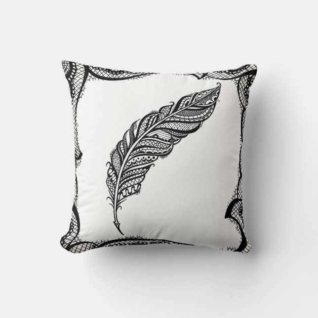 Edgy & Chic Intricate Lace Feather illustration Cushion (Front)