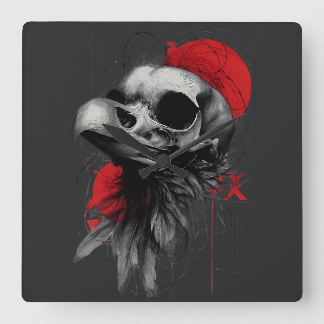 Edgy Crow Skull Gothic Grunge Wall Clock (Front)