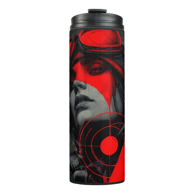 Edgy Cyberpunk Dystopian Girl Red Target Thermal Tumbler (Front)