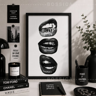 Edgy Fashion Poster Black & White Lips Wall Art