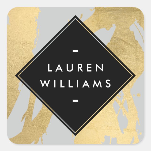 Edgy Faux Gold Brushstrokes on Grey Square Sticker (Front)
