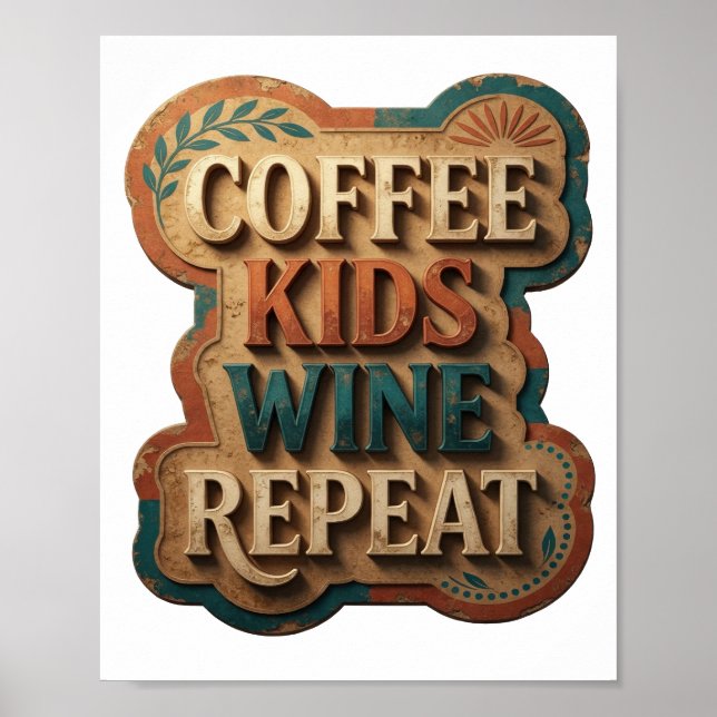 Edgy Gold COFFEE KIDS WINE REPEAT Poster (Front)