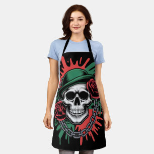 Edgy Graphic Art: Skull in Bowler Hat with Roses Apron