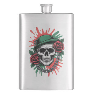 Edgy Graphic Art: Skull in Bowler Hat with Roses Hip Flask