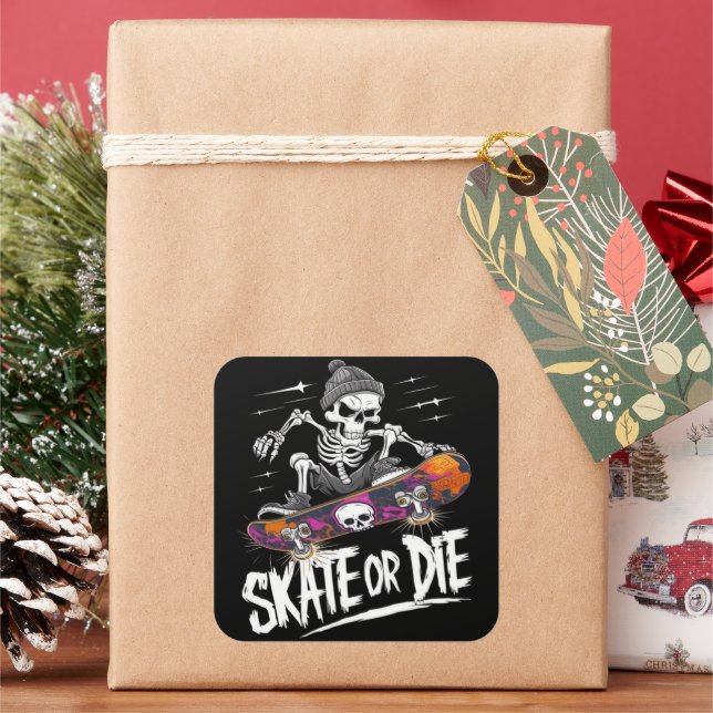 Edgy Halloween Skeleton Riding Skateboard: Monochr Square Sticker (Holiday)