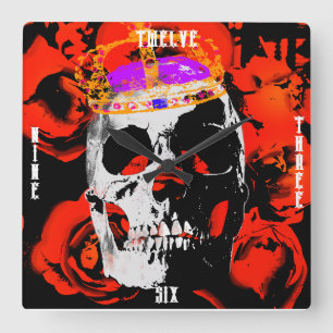 Edgy King Skull Crown n' Roses Square Wall Clock