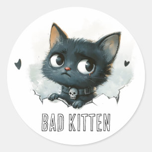 Edgy Kitten Illustration - "Bad Kitten" Text Classic Round Sticker