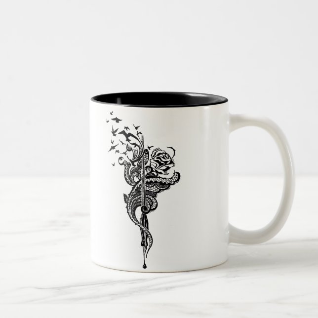 Edgy Lace Pen, Rose & Birds illustration Two-Tone Coffee Mug (Right)