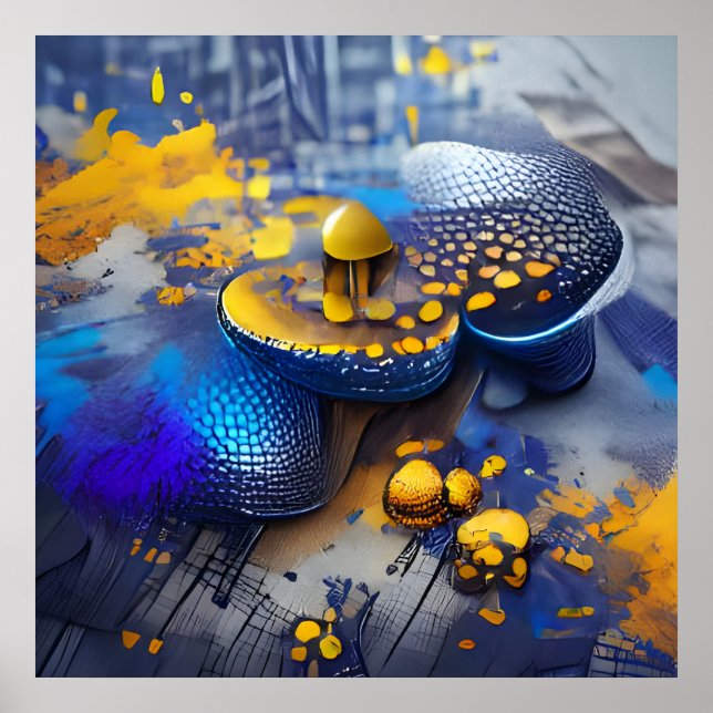 Edgy Modern Blue Yellow Metallic Mushroom Pop Art Poster (Front)