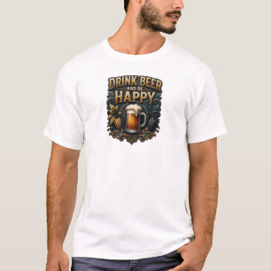 Edgy Orange DRINK BEER AND BE HAPPY Wearable Art T-Shirt