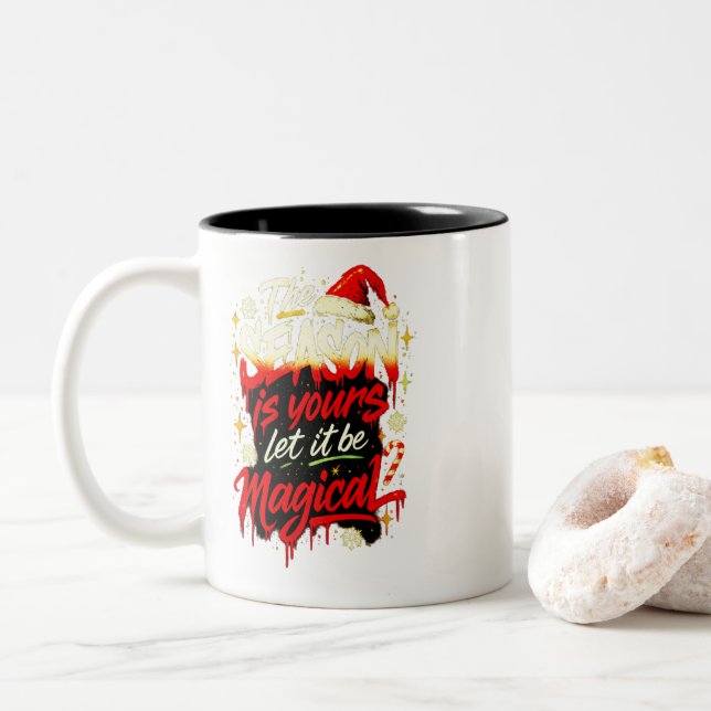 Edgy Red & Black Grunge Style Cozy Winter Hot Two-Tone Coffee Mug (With Donut)
