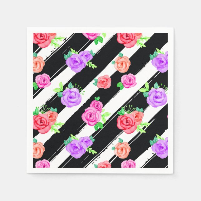 Edgy Roses & Modern Stripes Trendy Birthday Party Napkin (Front)