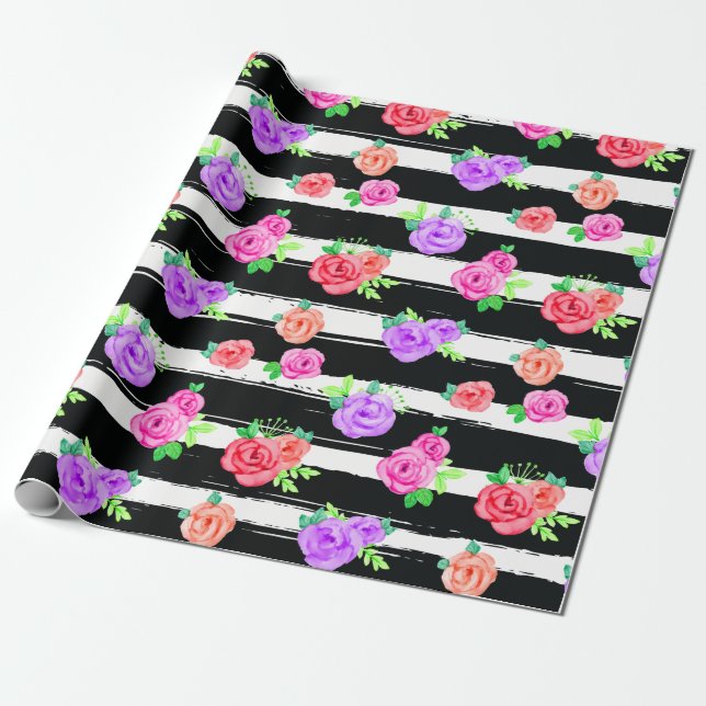 Edgy Roses & Modern Stripes Trendy Birthday Party Wrapping Paper (Unrolled)