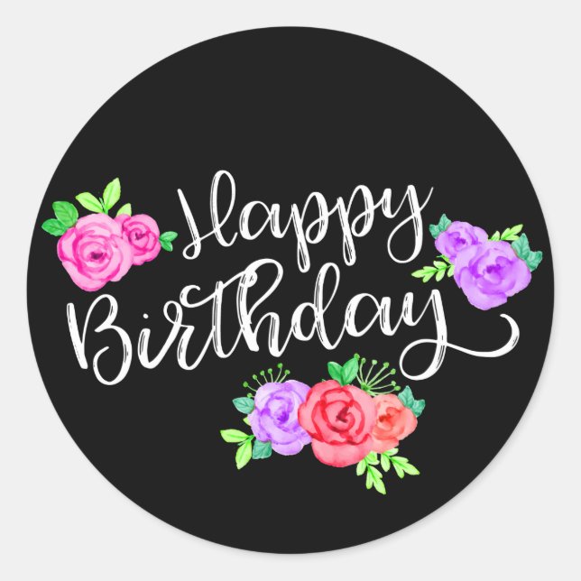 Edgy Roses & Modern Stripes Trendy Happy Birthday Classic Round Sticker (Front)