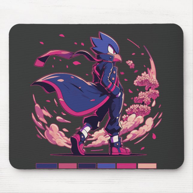 Edgy Sakura Warrior Bird Anime Illustration Mouse Mat (Front)