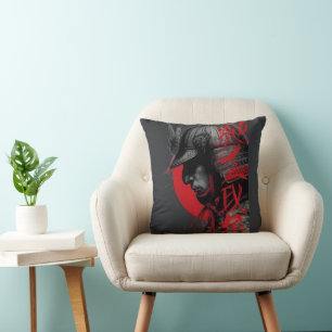 Edgy Samurai Warrior Japanese Ink Red Sun Cushion