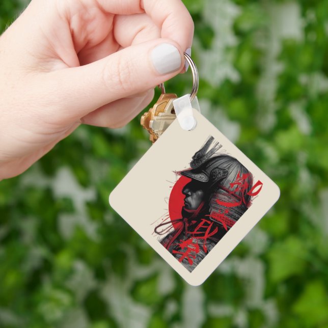 Edgy Samurai Warrior Japanese Ink Red Sun Keychain (Hand)