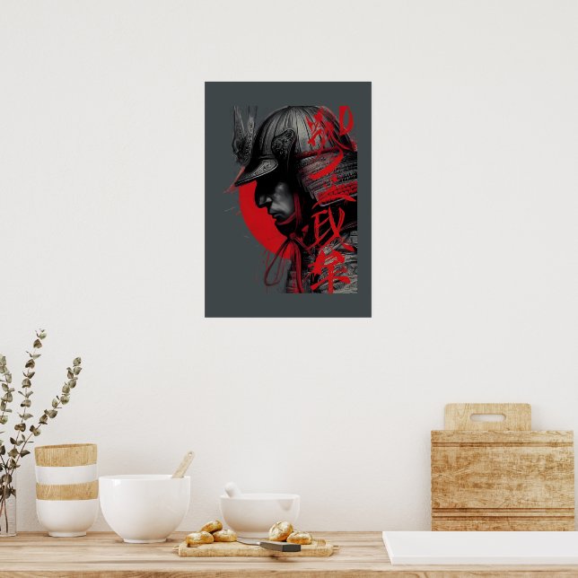 Edgy Samurai Warrior Japanese Ink Red Sun Poster (Kitchen)