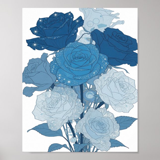 Edgy Silver BLUE ROSES Design Poster (Front)
