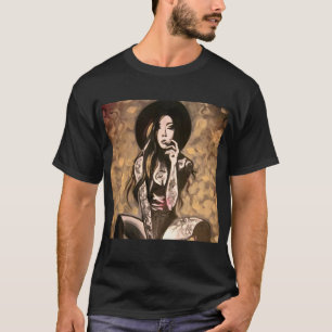 Edgy Tattooed Woman Gold Abstract Art T-Shirt