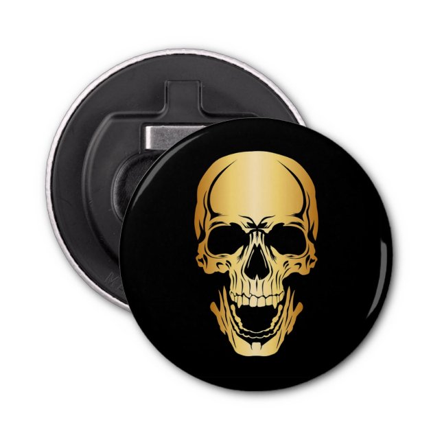 Edgy Trendy Black & Gold Skull Pattern Bottle Opener (Front)