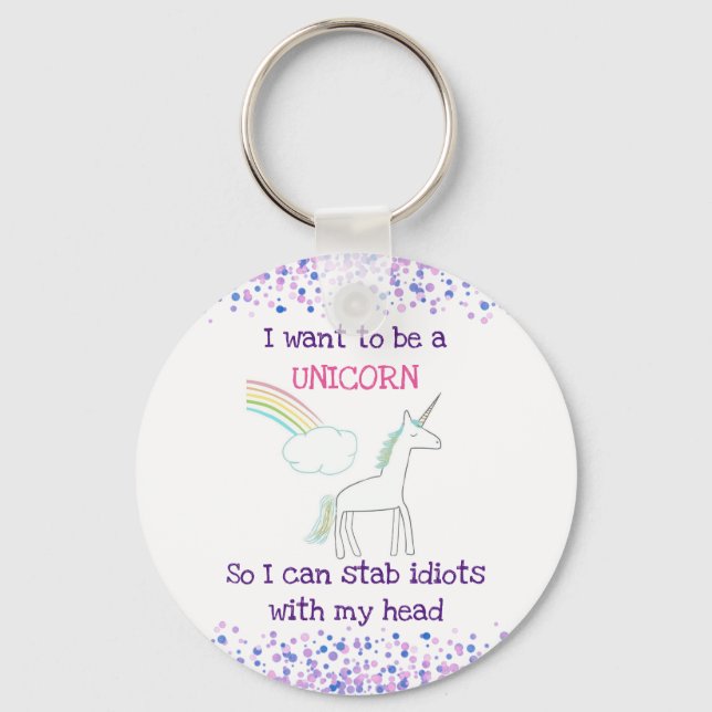 Edgy Unicorn with Rainbow and Confetti Funny Key Ring (Front)