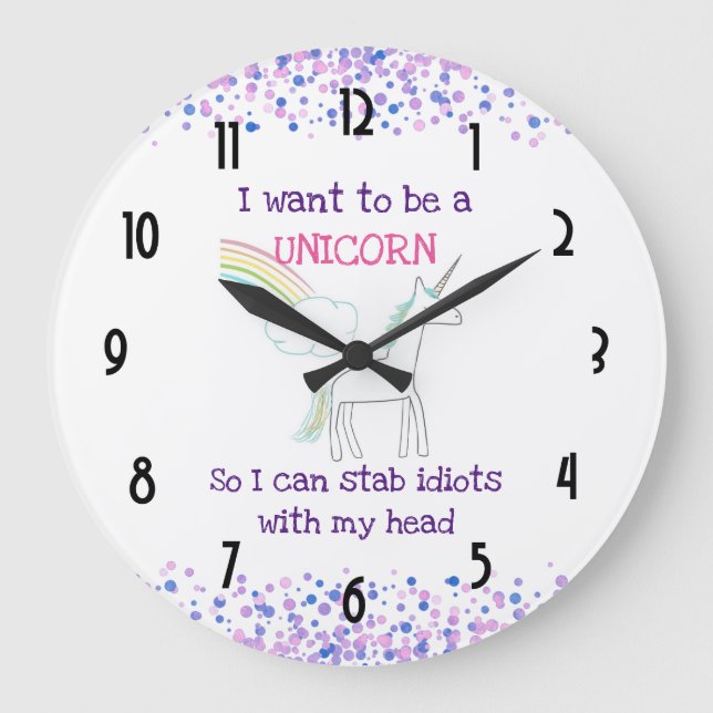 Edgy Unicorn with Rainbow and Confetti Funny Large Clock (Front)