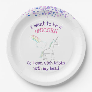 Edgy Unicorn with Rainbow and Confetti Funny Paper Plate