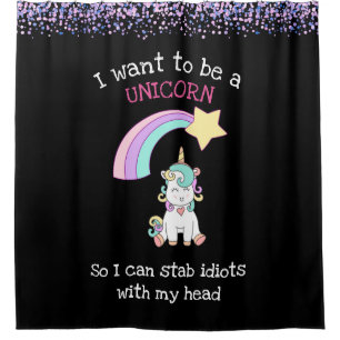 Edgy Unicorn with Rainbow and Confetti Funny Shower Curtain