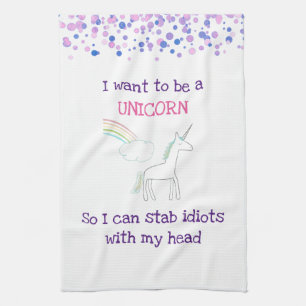 Edgy Unicorn with Rainbow and Confetti Funny Tea Towel