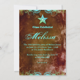 Edgy Western Sweet 16 Blue Brown Star Invitation