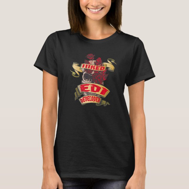 Edi Developer Inked Skull & Red Roses Tattoo T-Shirt (Front)