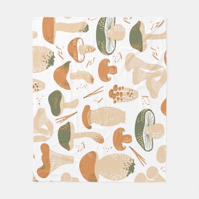 Edible Mushrooms Linocut Vintage Pattern Fleece Blanket (Front)