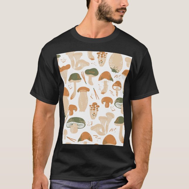 Edible Mushrooms Linocut Vintage Pattern T-Shirt (Front)