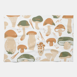 Edible Mushrooms Linocut Vintage Pattern Tea Towel