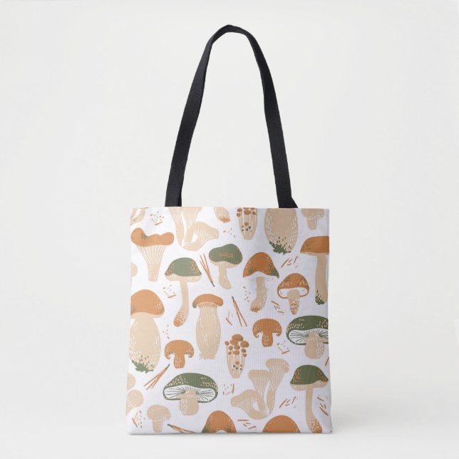 Edible Mushrooms Linocut Vintage Pattern Tote Bag (Front)