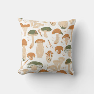 Edible Mushrooms seamless pattern. Linocut old sty Cushion