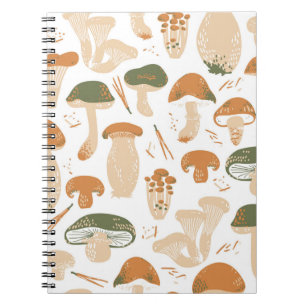 Edible Mushrooms seamless pattern. Linocut old sty Notebook