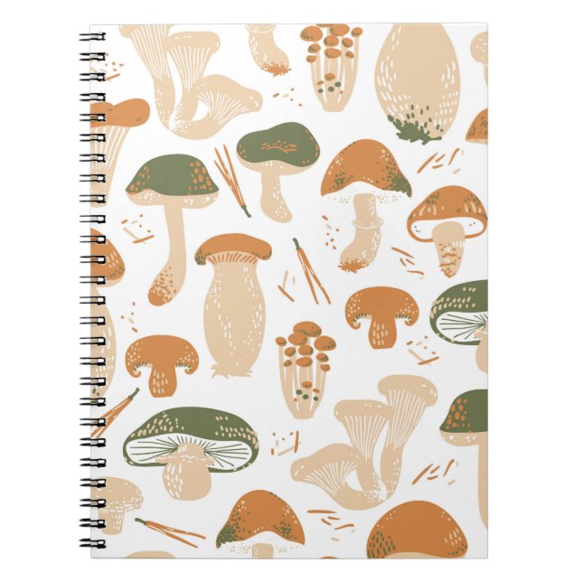Edible Mushrooms seamless pattern. Linocut old sty Notebook (Front)