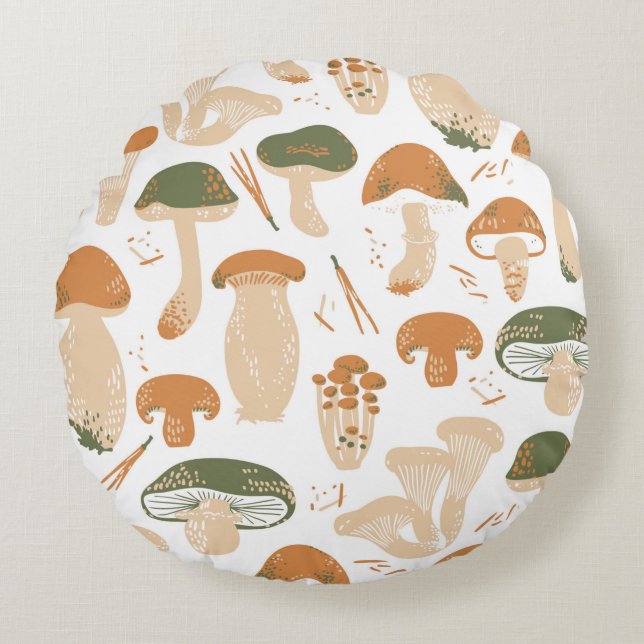 Edible Mushrooms seamless pattern. Linocut old sty Round Cushion (Front)