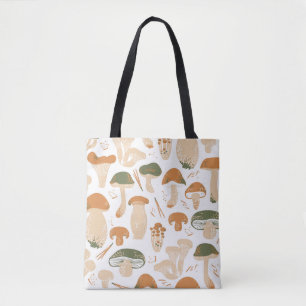 Edible Mushrooms seamless pattern. Linocut old sty Tote Bag