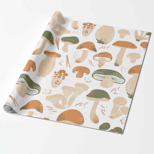 Edible Mushrooms seamless pattern. Linocut old sty Wrapping Paper (Unrolled)